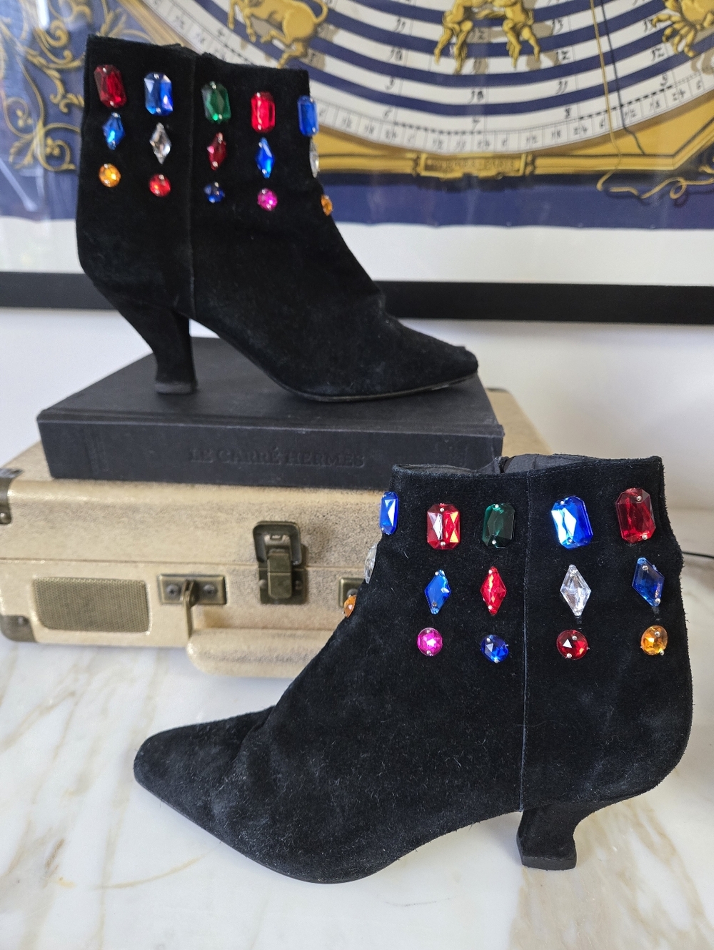 Black Jeweled Suede Ankle Boots - Colorful Gem Accents